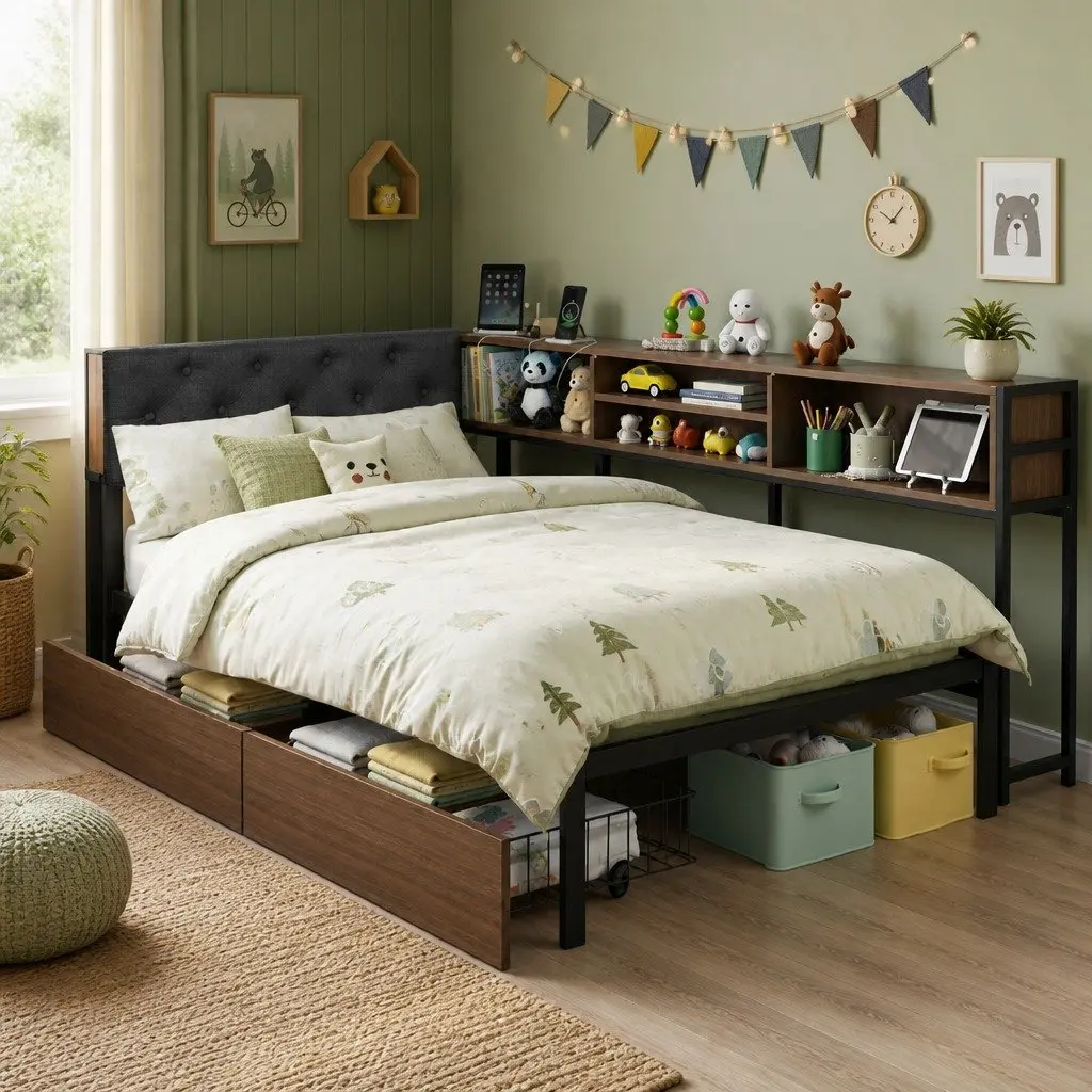 Single Bed Frame with Storage Drawers Charging Station Metal Base Single Oak Black Walnut