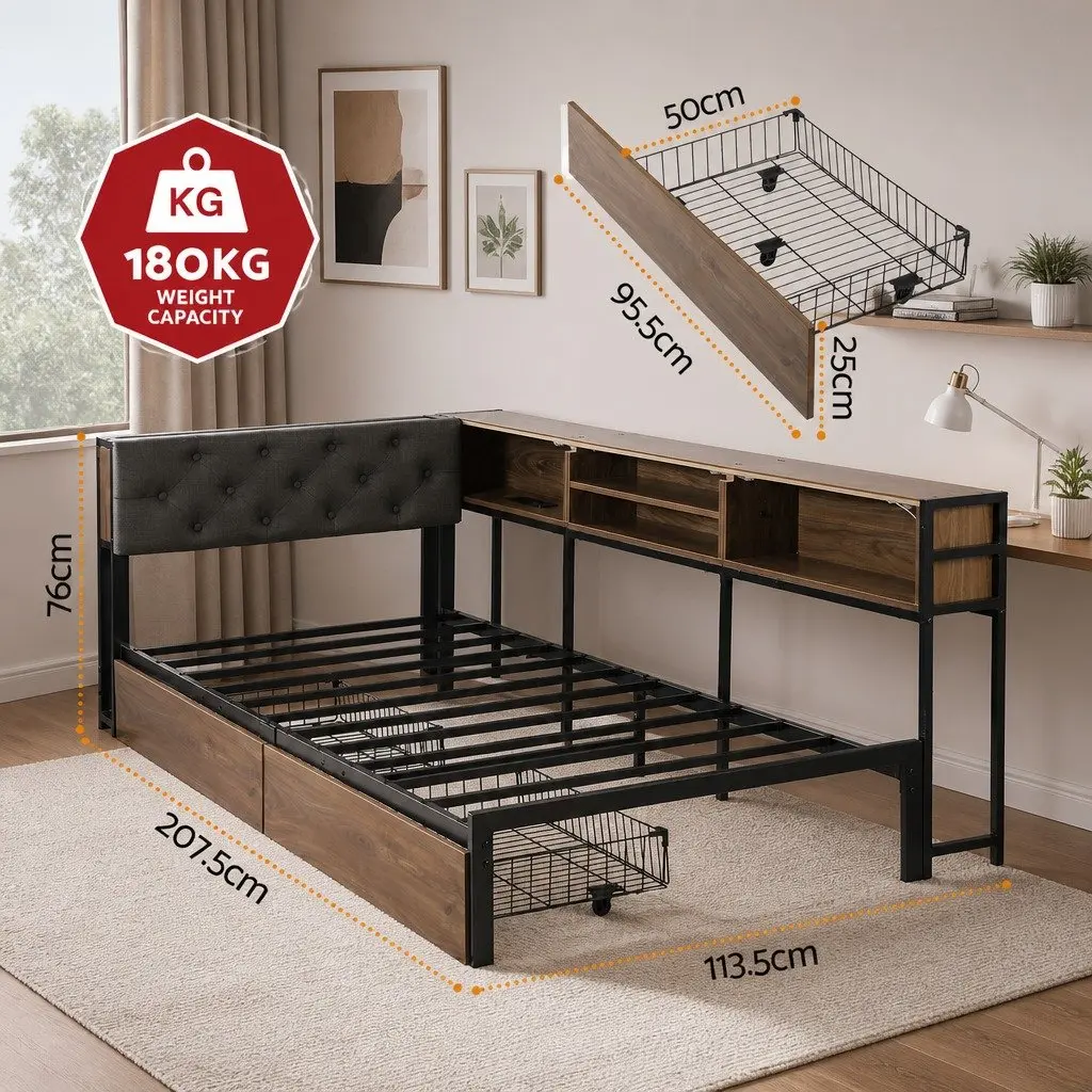 Single Bed Frame with Storage Drawers Charging Station Metal Base Single Oak Black Walnut