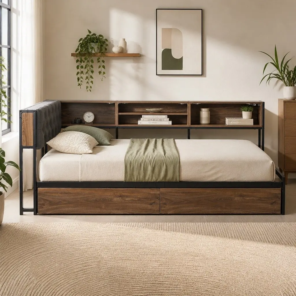 Single Bed Frame with Storage Drawers Charging Station Metal Base Single Oak Black Walnut