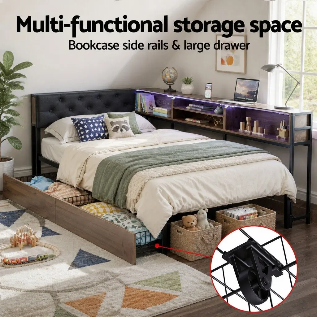 Single Bed Frame with Storage Drawers Charging Station Metal Base Single Oak Black Walnut