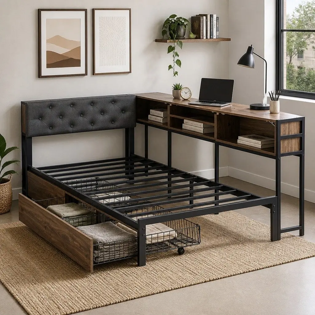 Single Bed Frame with Storage Drawers Charging Station Metal Base Single Oak Black Walnut