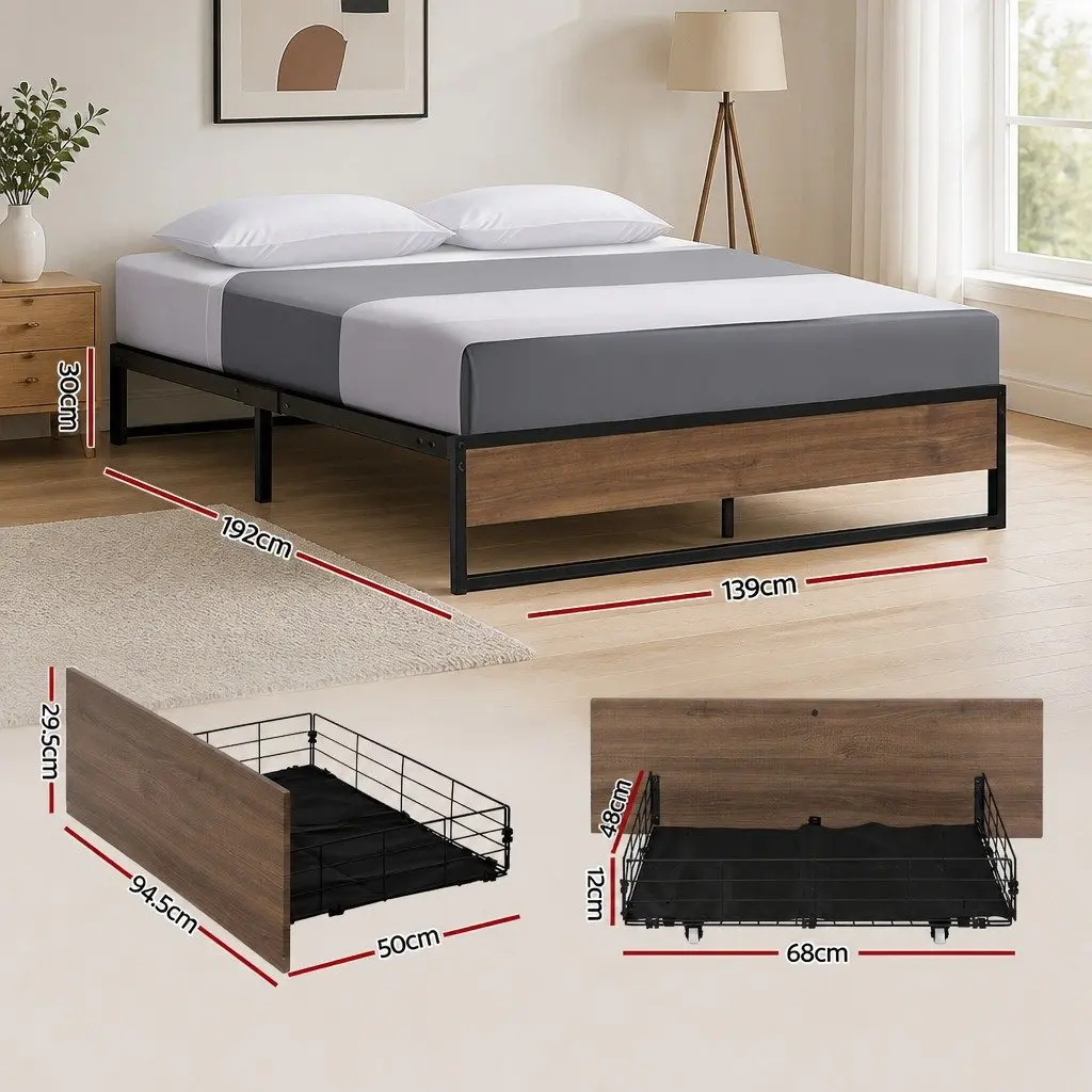 Double Bed Frame Metal Base with 2 Storage Drawers Industrial Design Bedroom