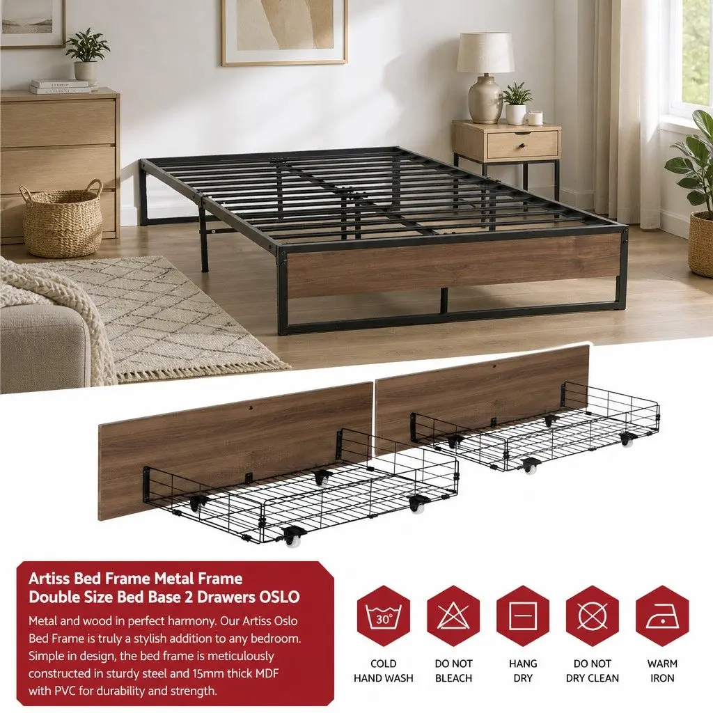 Double Bed Frame Metal Base with 2 Storage Drawers Industrial Design Bedroom