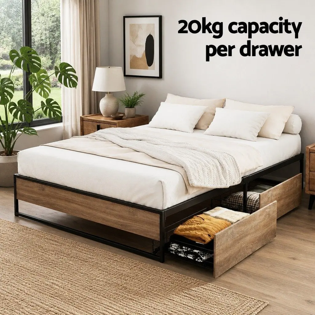 Double Bed Frame Metal Base with 2 Storage Drawers Industrial Design Bedroom