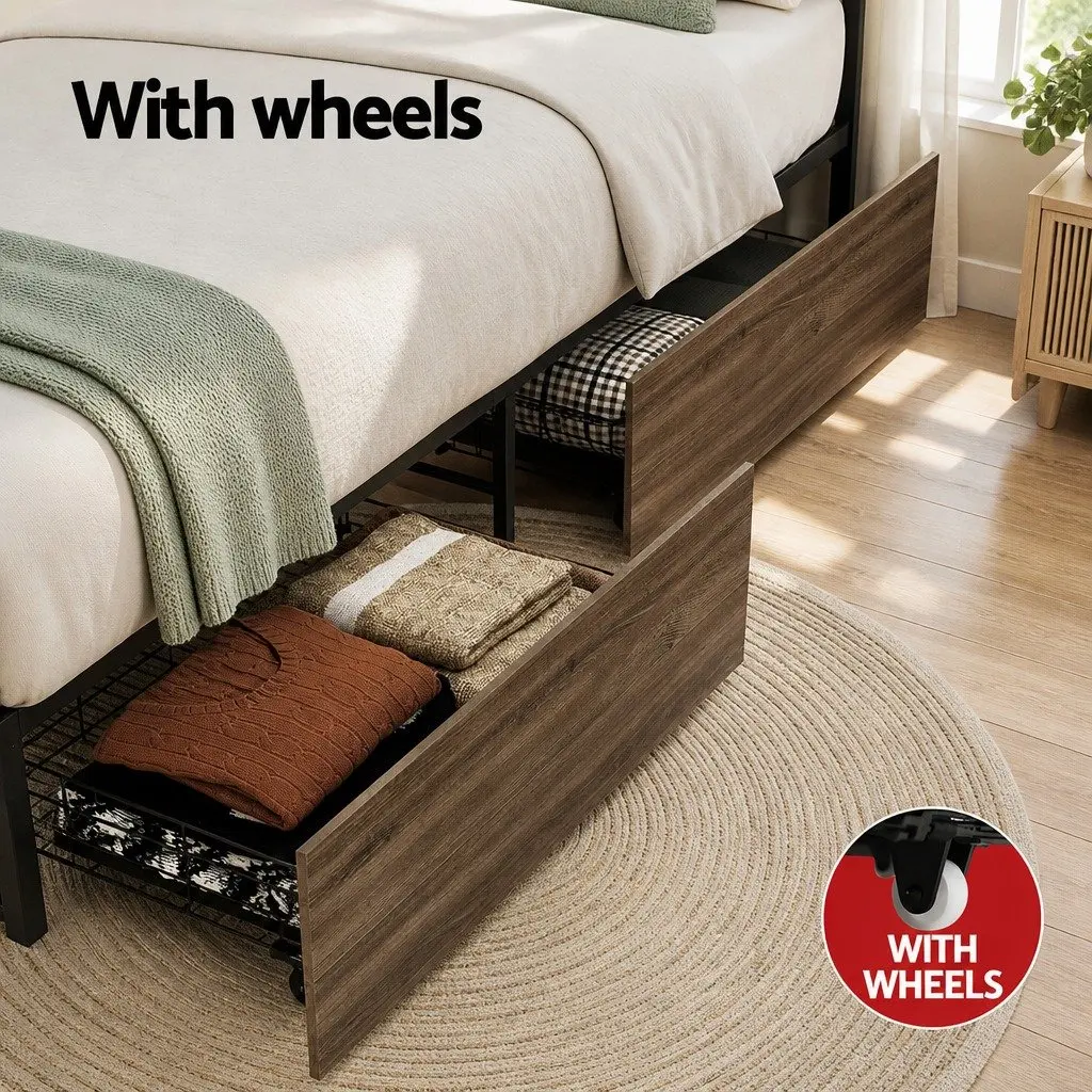 Double Bed Frame Metal Base with 2 Storage Drawers Industrial Design Bedroom