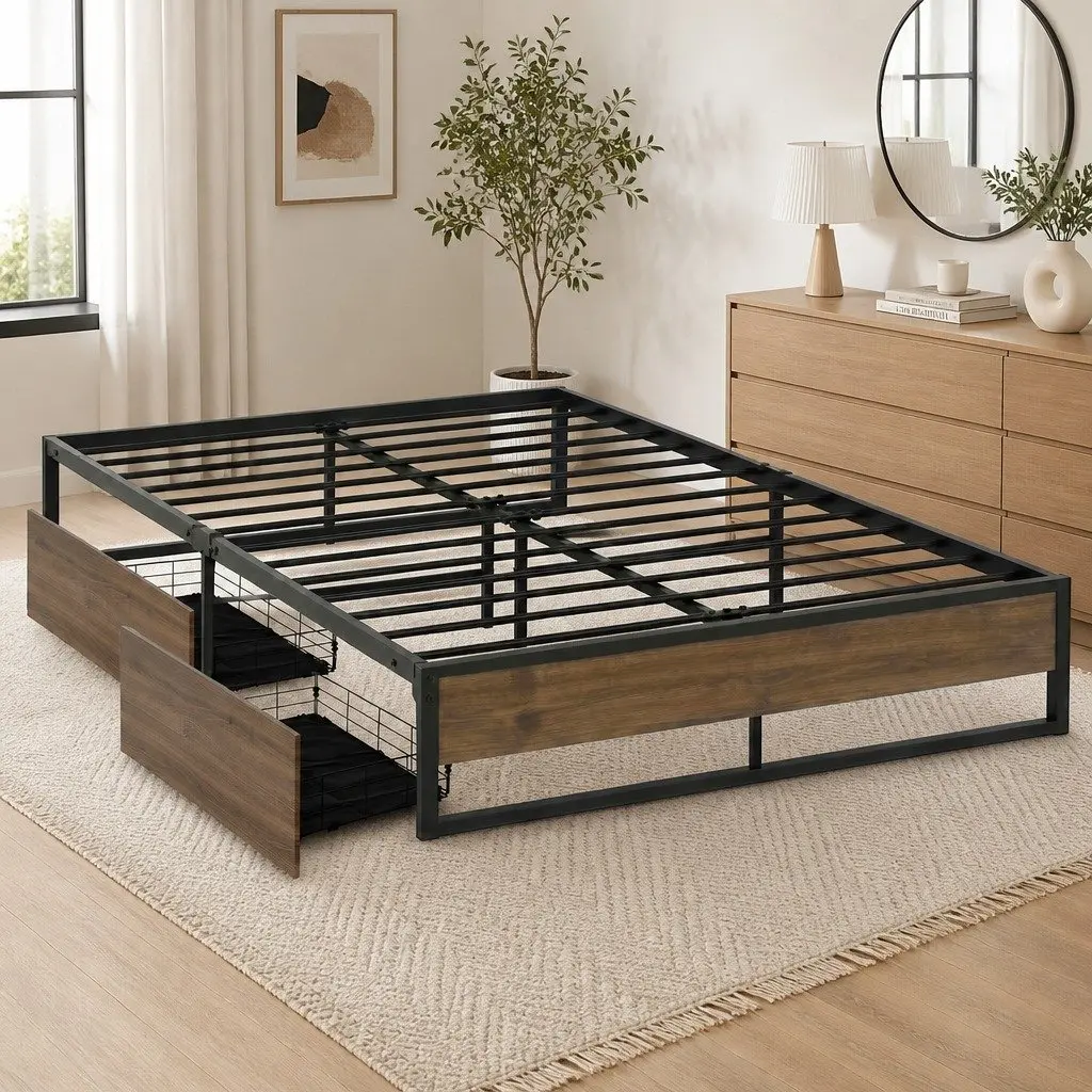 Double Bed Frame Metal Base with 2 Storage Drawers Industrial Design Bedroom