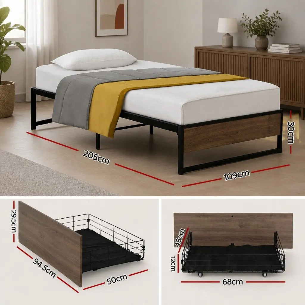 King Single Metal Bed Frame with 2 Storage Drawers Industrial Design Bedroom