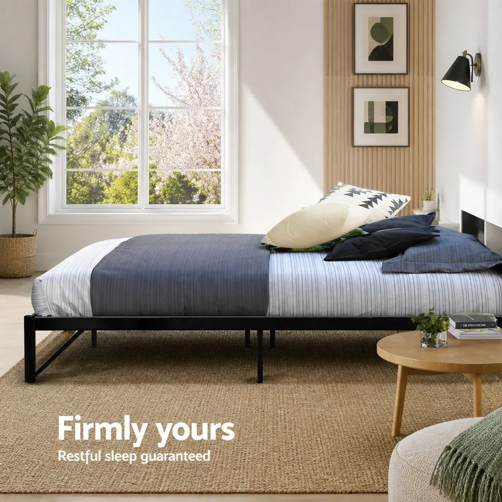 Metal Bed Frame King Single Industrial Design Steel MDF Black Bedroom Furniture
