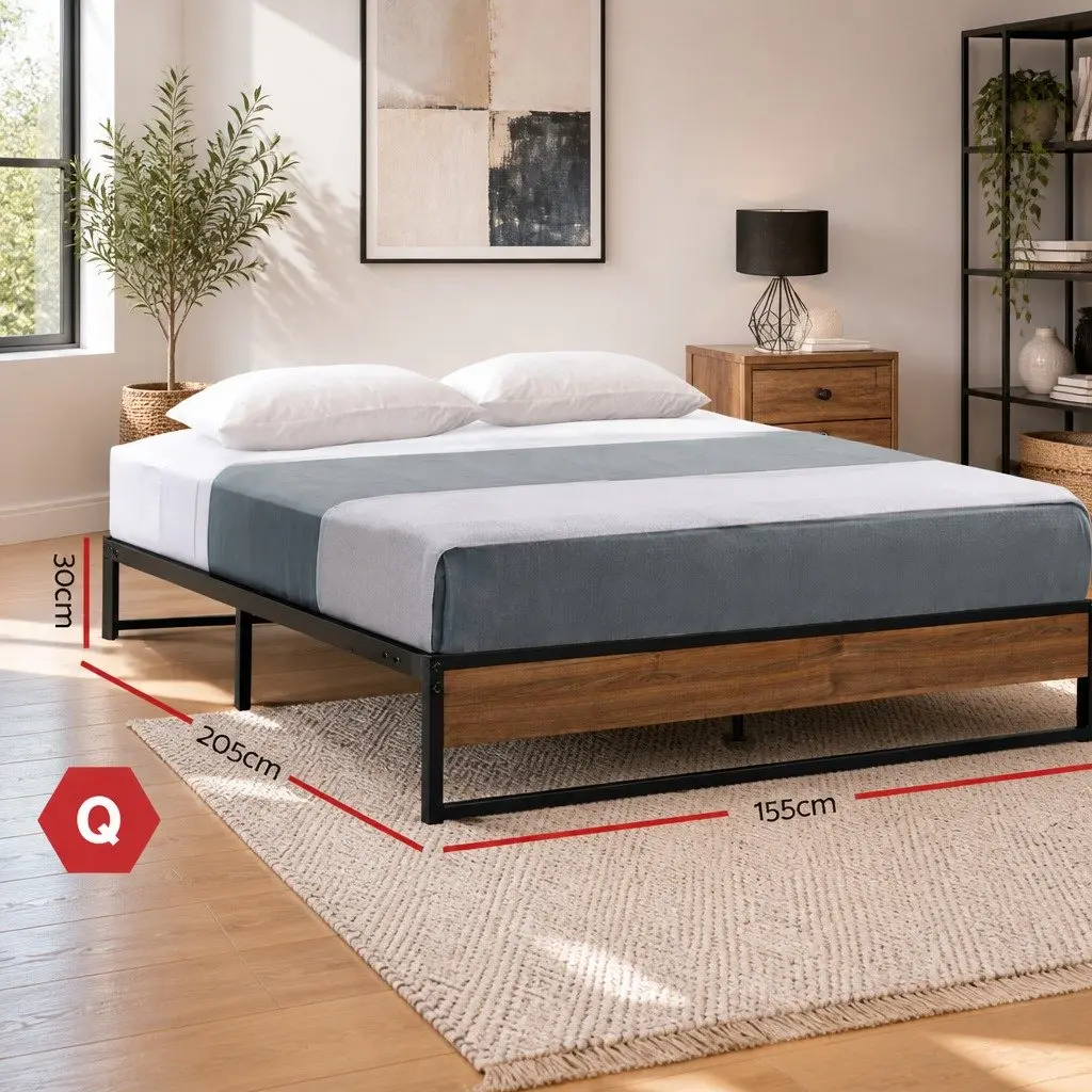 Metal Bed Frame Industrial Style Queen Size Black and Dark Wood Bedroom Furniture