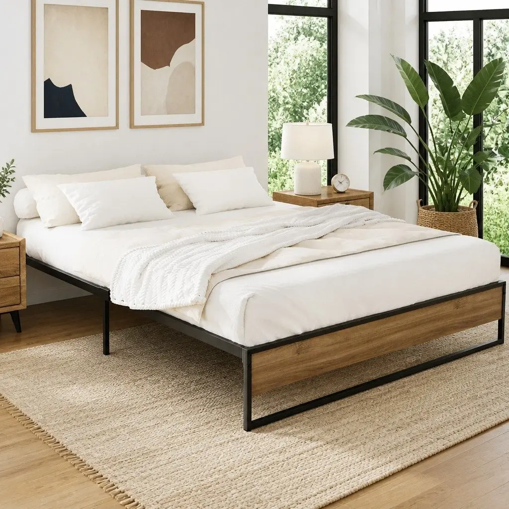 Metal Bed Frame Industrial Style Queen Size Black and Dark Wood Bedroom Furniture