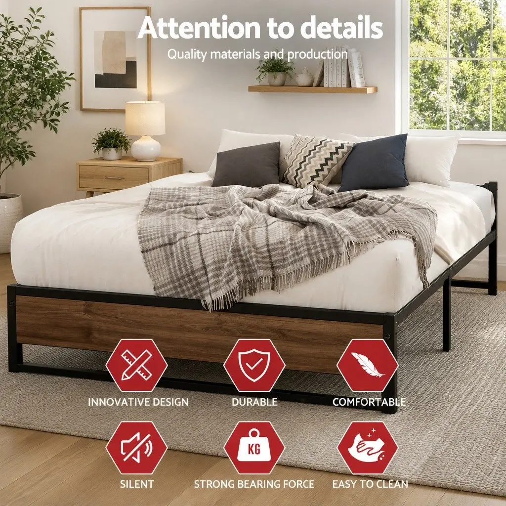 Metal Bed Frame Industrial Style Queen Size Black and Dark Wood Bedroom Furniture