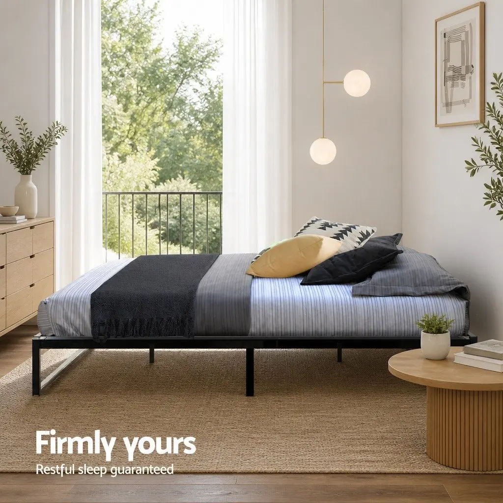 Metal Bed Frame Industrial Style Queen Size Black and Dark Wood Bedroom Furniture