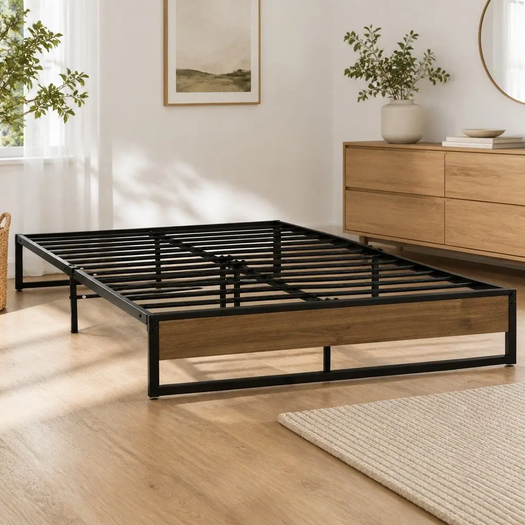 Metal Bed Frame Industrial Style Queen Size Black and Dark Wood Bedroom Furniture
