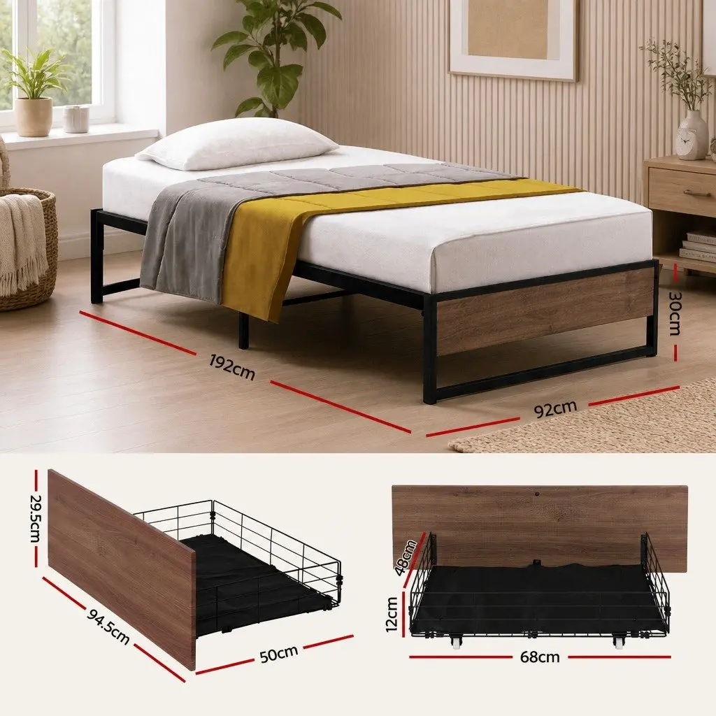Single Bed Frame with 2 Storage Drawers Metal Base Industrial Design Furniture