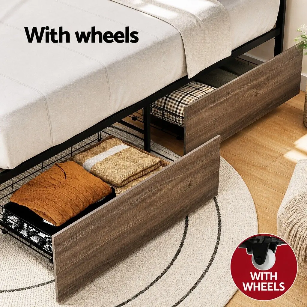 Single Bed Frame with 2 Storage Drawers Metal Base Industrial Design Furniture