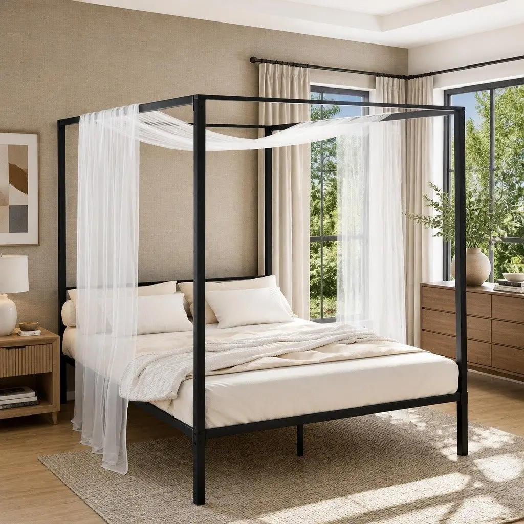 Metal Bed Frame Four-Poster Canopy Double Size Black Steel