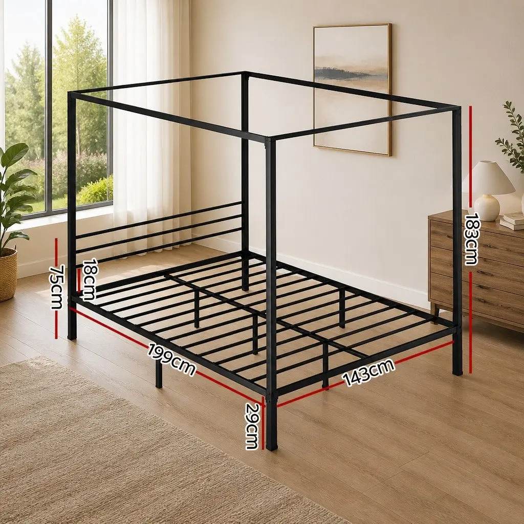 Metal Bed Frame Four-Poster Canopy Double Size Black Steel
