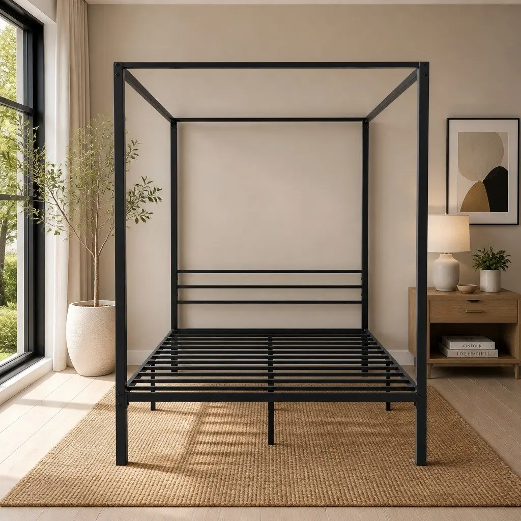 Metal Bed Frame Four-Poster Canopy Double Size Black Steel