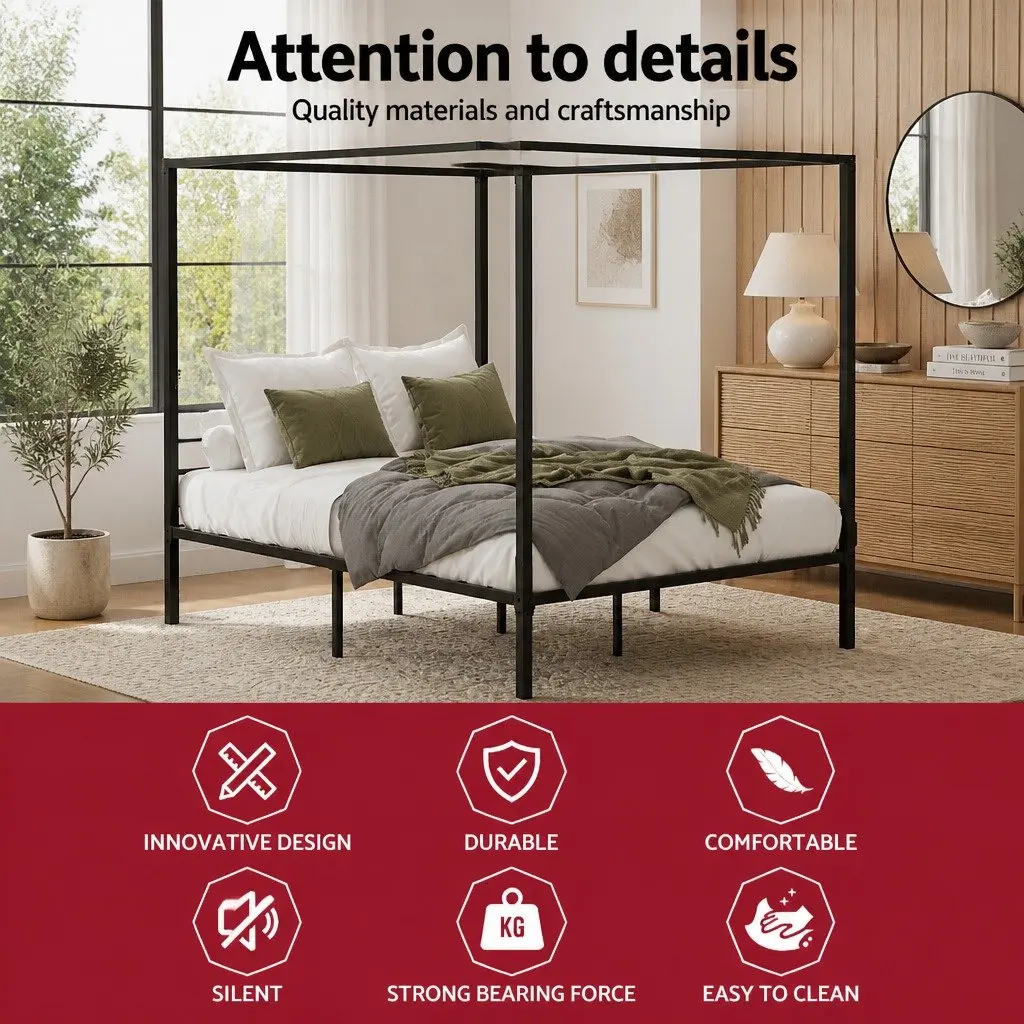 Metal Bed Frame Four-Poster Canopy Double Size Black Steel