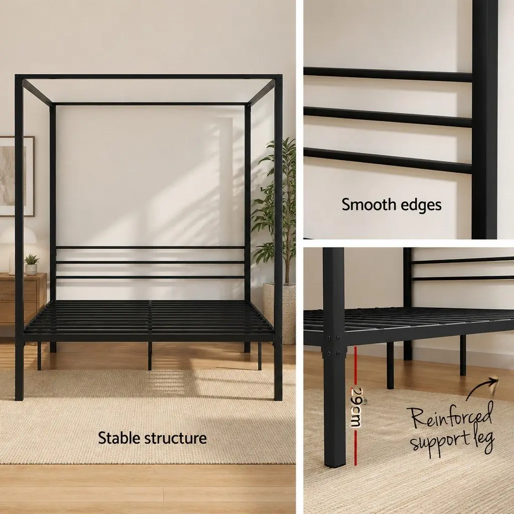 Metal Bed Frame Four-Poster Canopy Double Size Black Steel