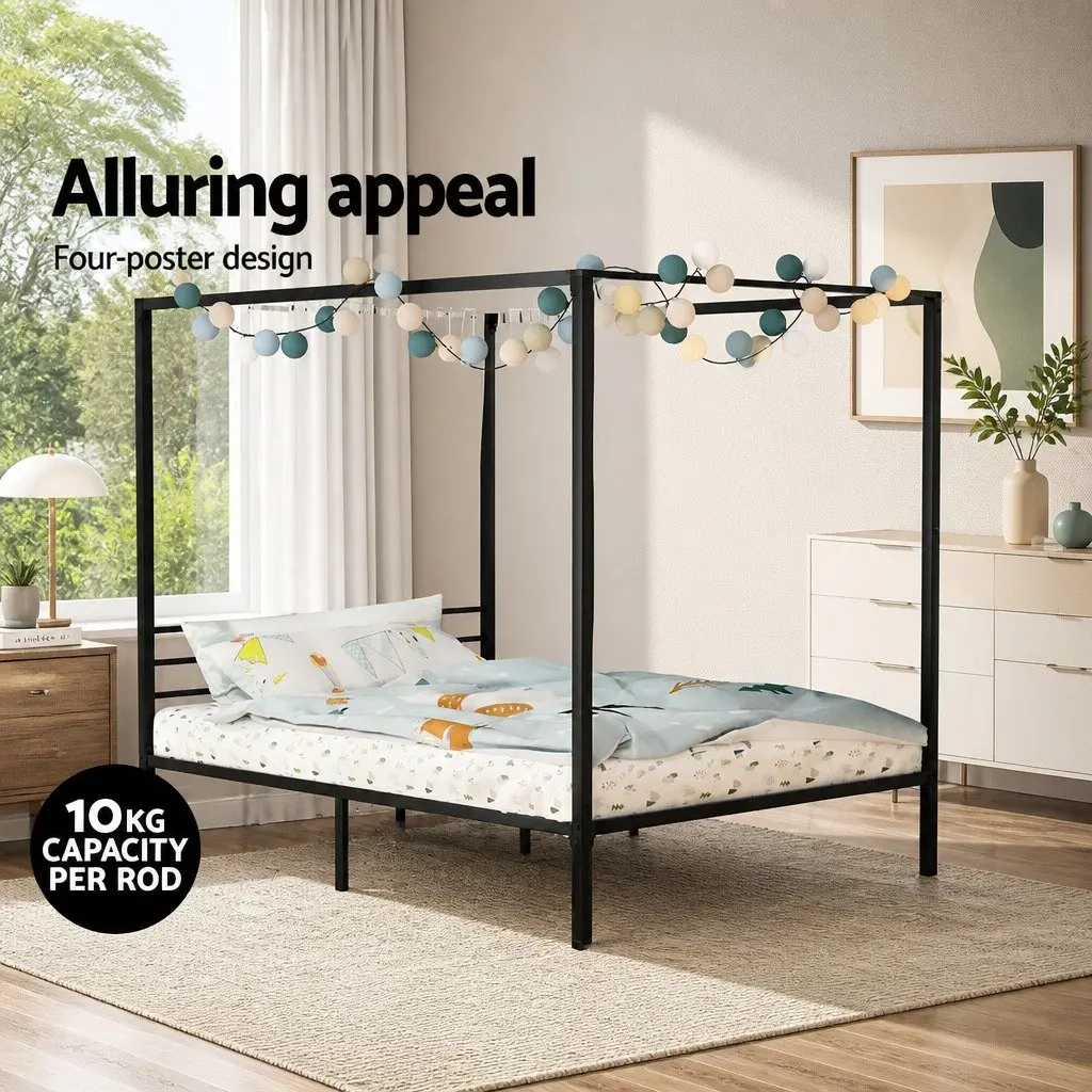 Metal Bed Frame Four-Poster Canopy Double Size Black Steel