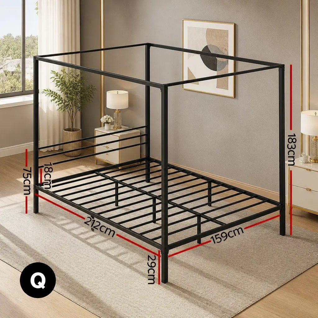 Queen Bed Frame Metal Four-Poster Canopy Black Steel Contemporary Bedroom