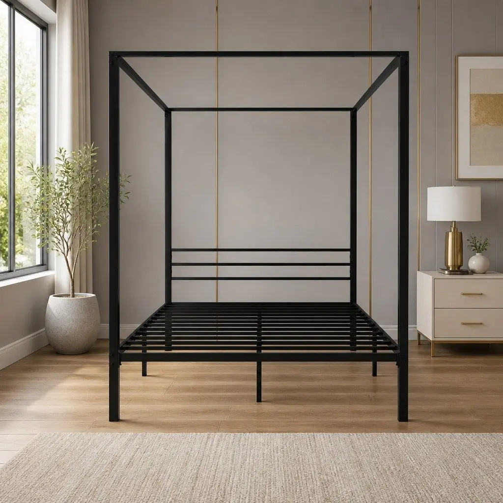 Queen Bed Frame Metal Four-Poster Canopy Black Steel Contemporary Bedroom