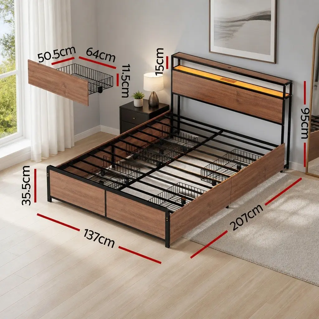 Double Bed Frame Metal LED Headboard USB Charging 4 Storage Drawers Black