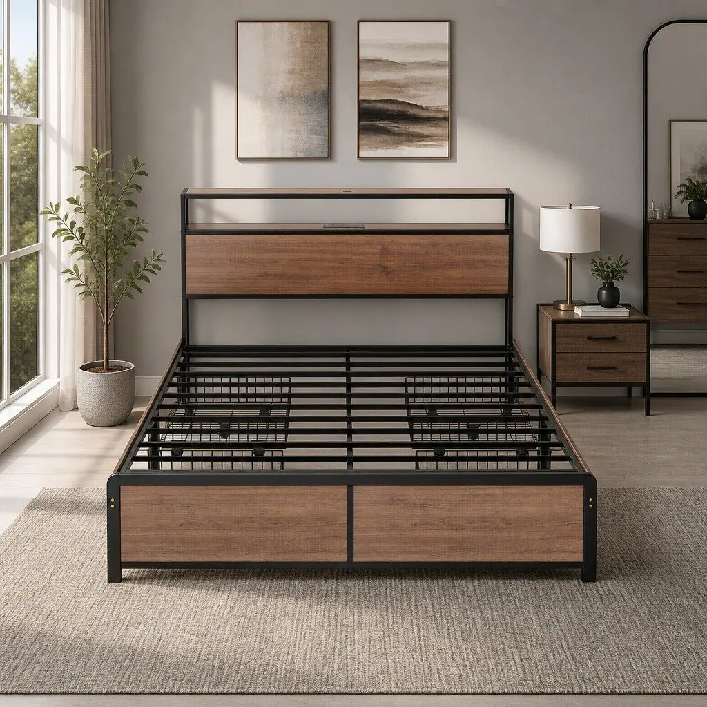 Double Bed Frame Metal LED Headboard USB Charging 4 Storage Drawers Black