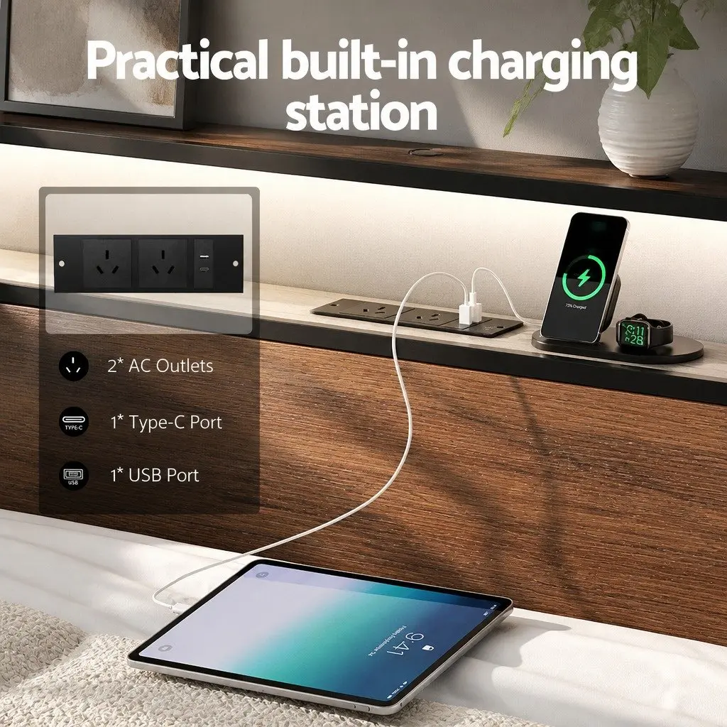Double Bed Frame Metal LED Headboard USB Charging 4 Storage Drawers Black