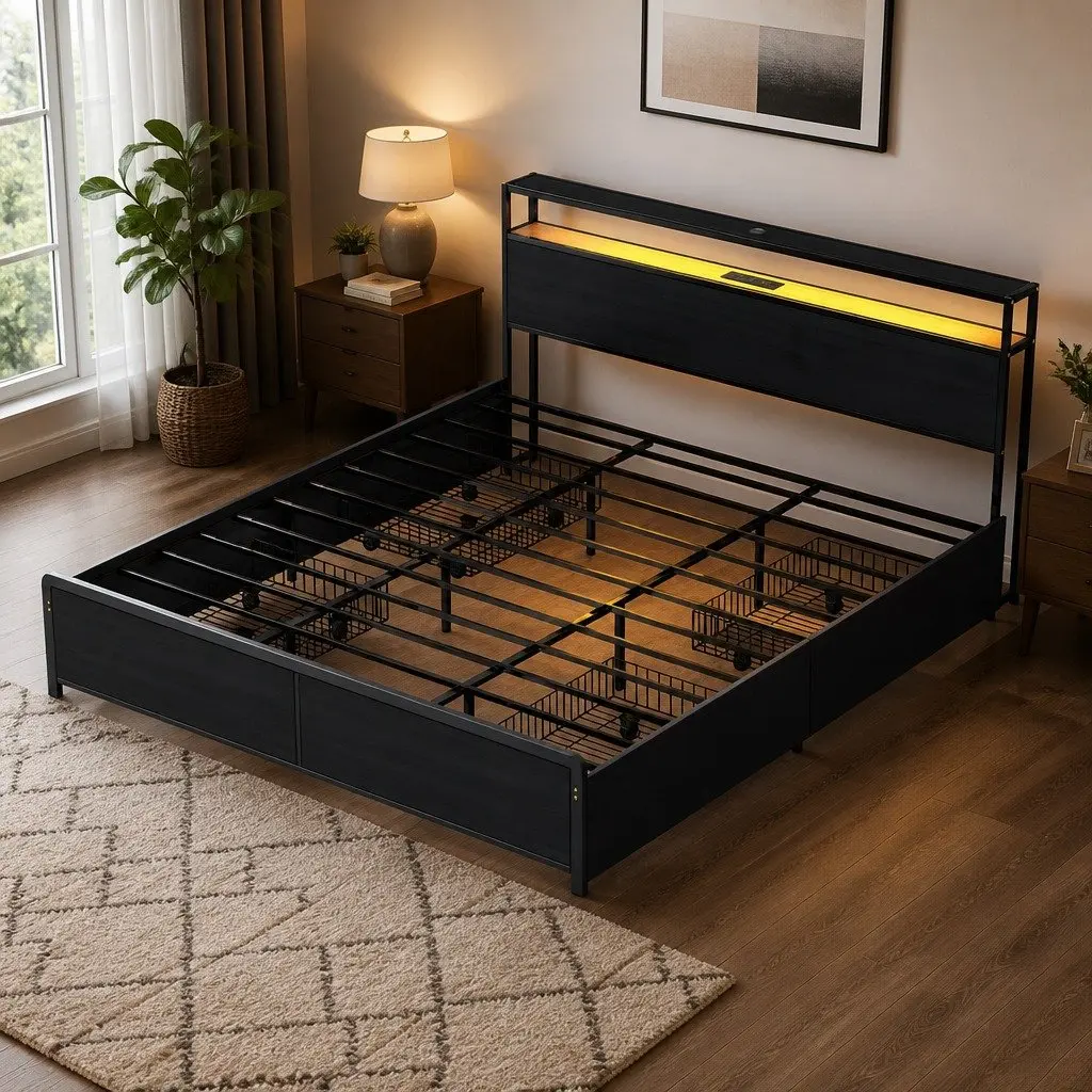 King Size Metal Bed Frame with Storage Drawers LED Charging Station Headboard