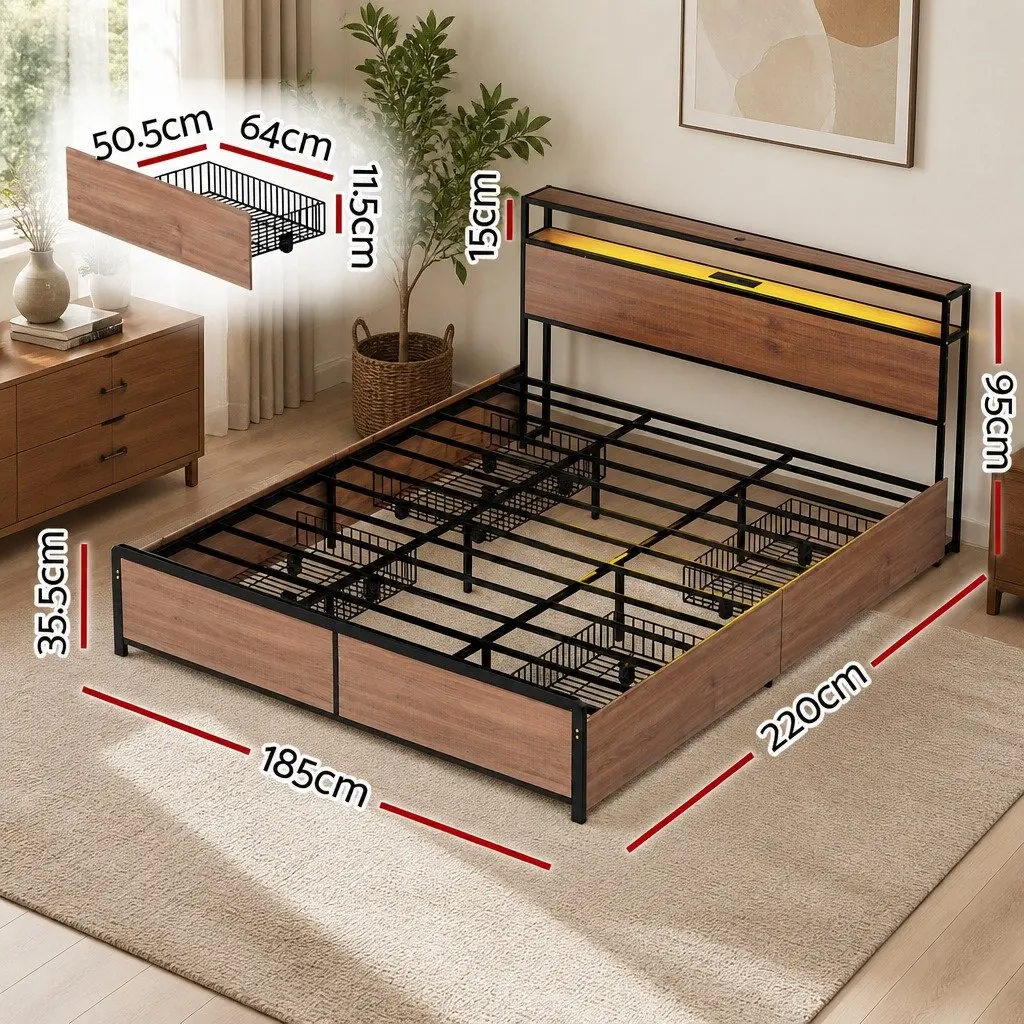 King Size Metal Bed Frame with Storage Headboard 4 Drawers LED Charging Station