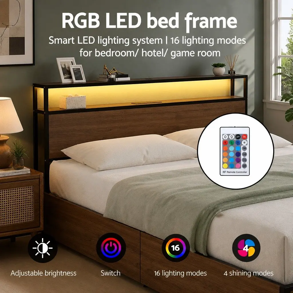 King Size Metal Bed Frame with Storage Headboard 4 Drawers LED Charging Station