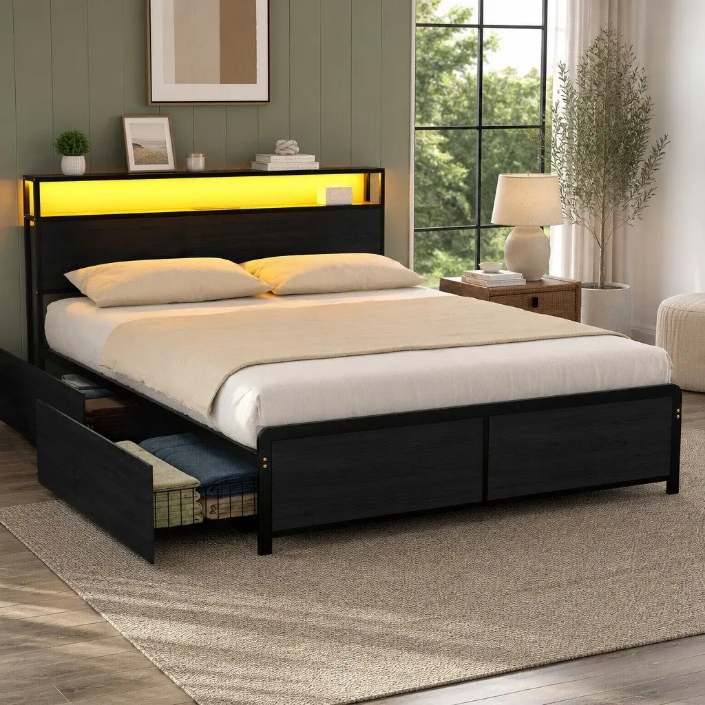 Queen Size Metal Bed Frame with Storage Drawers LED Charging Station Black