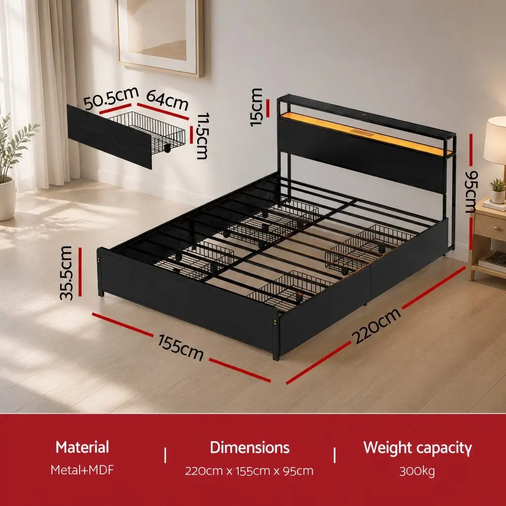 Queen Size Metal Bed Frame with Storage Drawers LED Charging Station Black