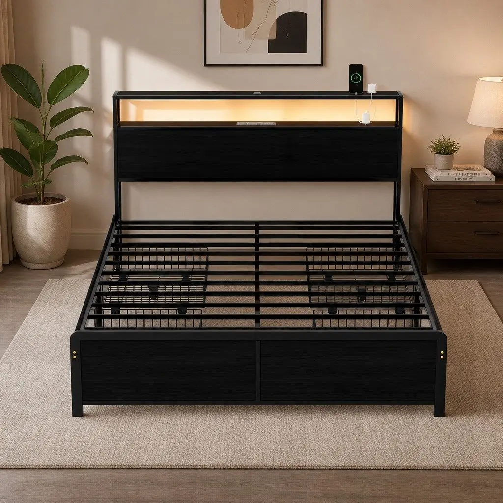 Queen Size Metal Bed Frame with Storage Drawers LED Charging Station Black