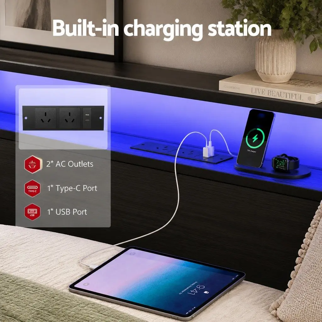 Queen Size Metal Bed Frame with Storage Drawers LED Charging Station Black