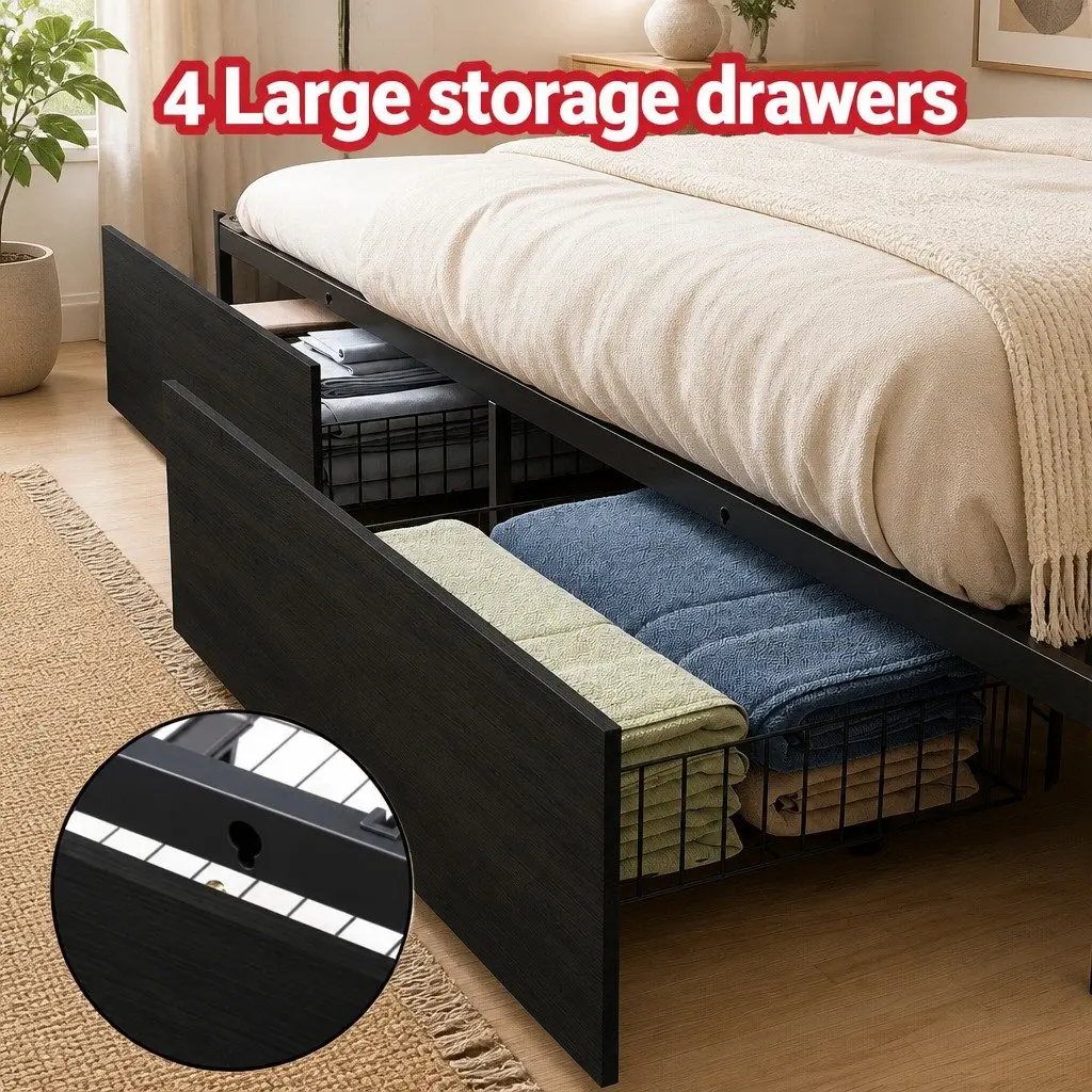 Queen Size Metal Bed Frame with Storage Drawers LED Charging Station Black