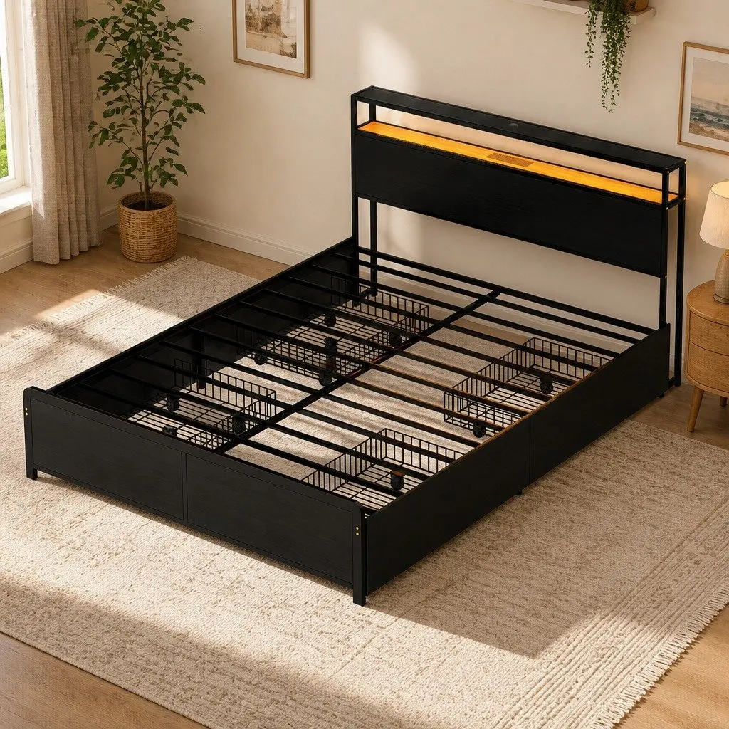 Queen Size Metal Bed Frame with Storage Drawers LED Charging Station Black