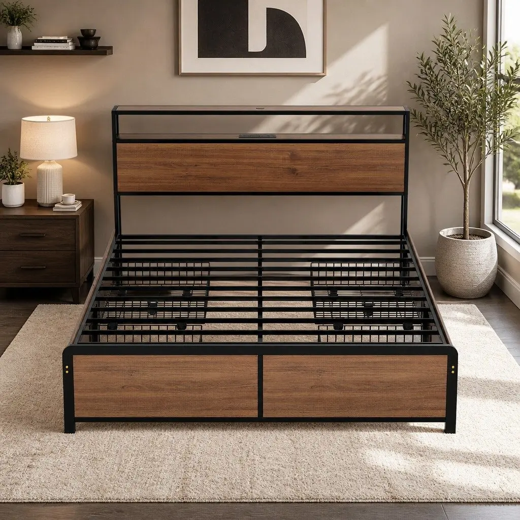 Metal Bed Frame Queen Size with Storage Headboard and 4 Drawers LED Charging Hub Black