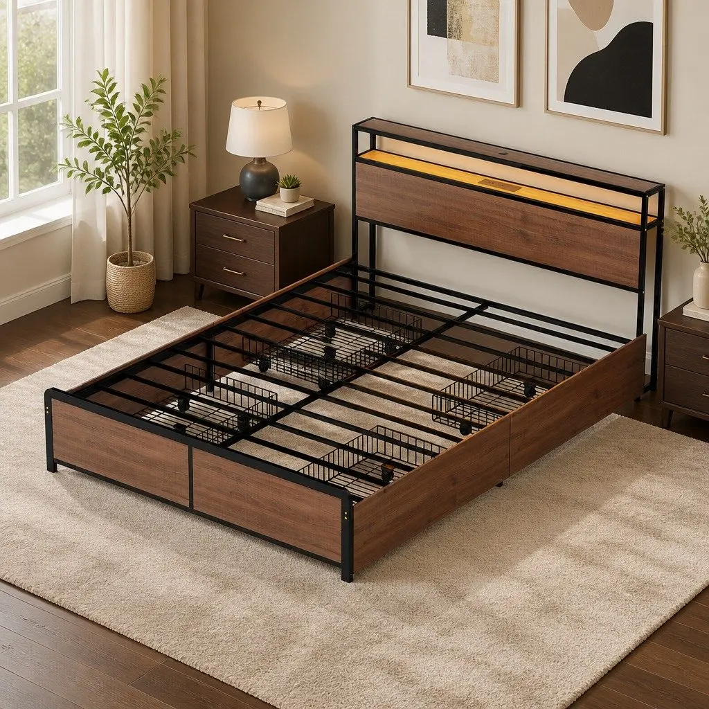 Metal Bed Frame Queen Size with Storage Headboard and 4 Drawers LED Charging Hub Black