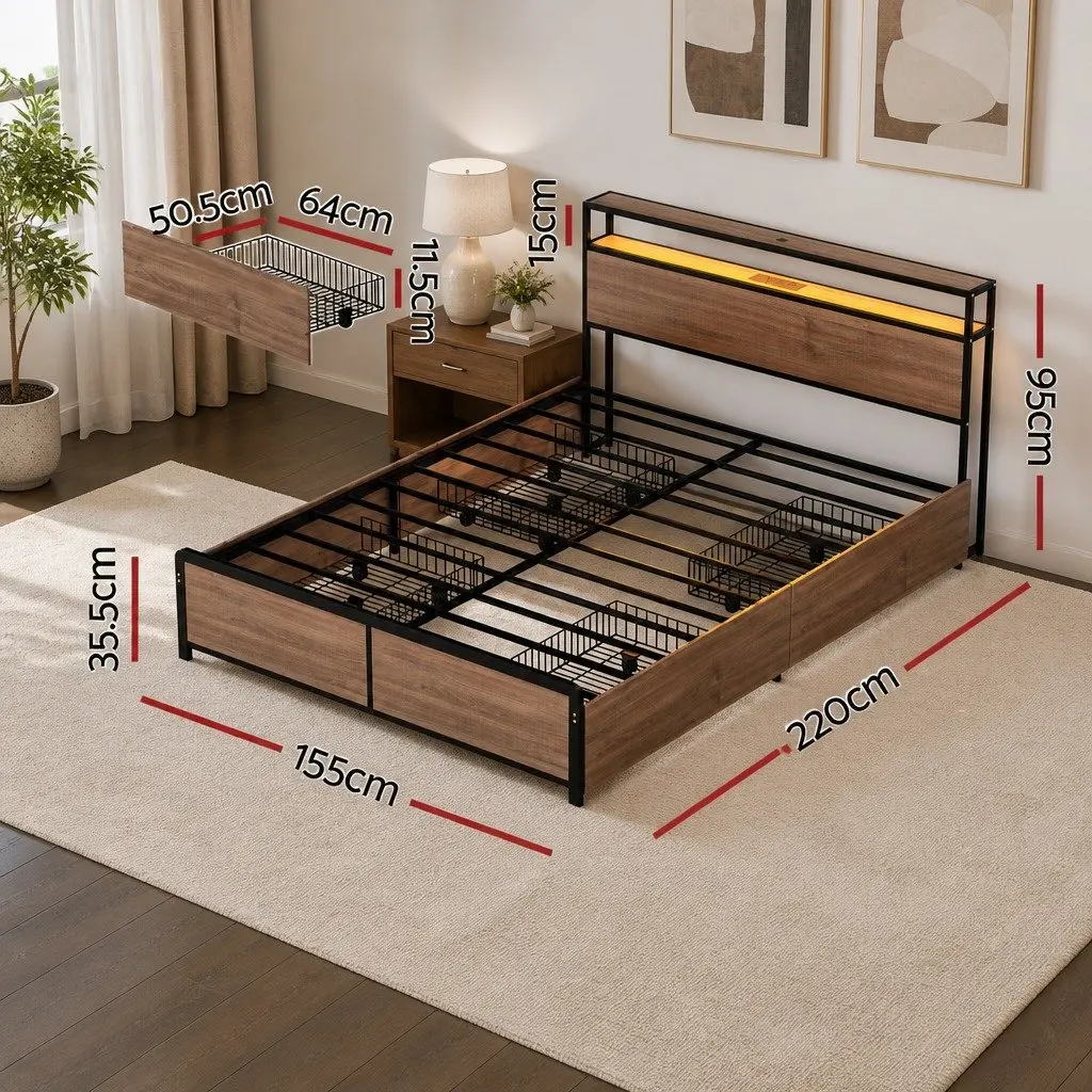 Metal Bed Frame Queen Size with Storage Headboard and 4 Drawers LED Charging Hub Black