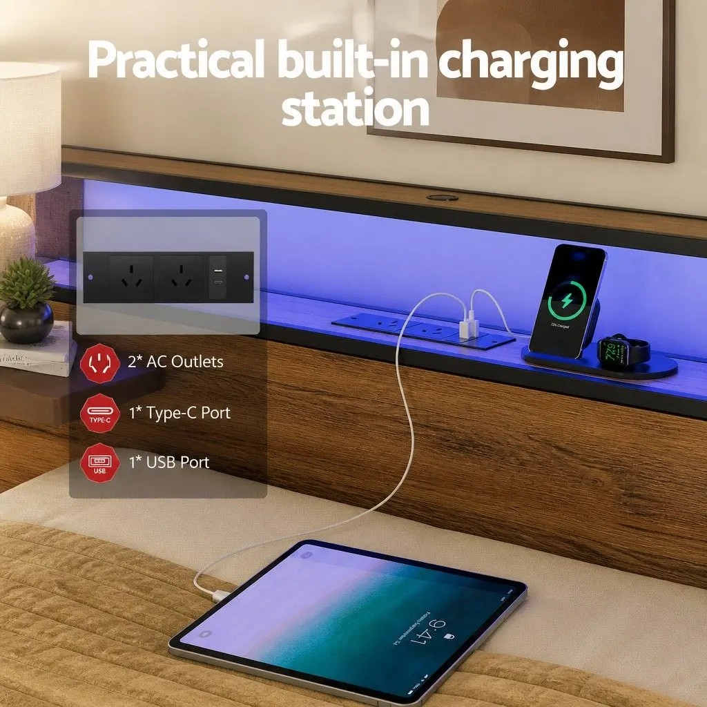 Metal Bed Frame Queen Size with Storage Headboard and 4 Drawers LED Charging Hub Black