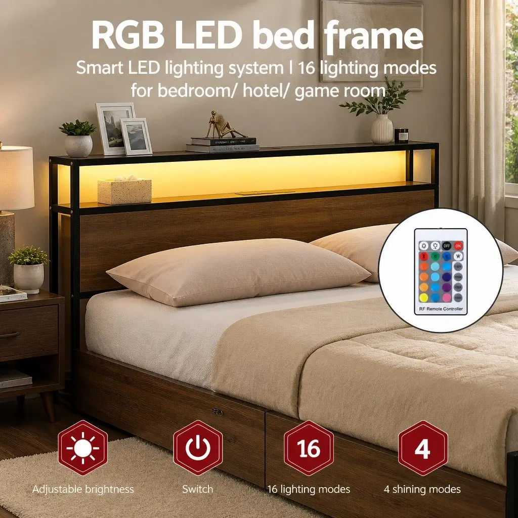 Metal Bed Frame Queen Size with Storage Headboard and 4 Drawers LED Charging Hub Black