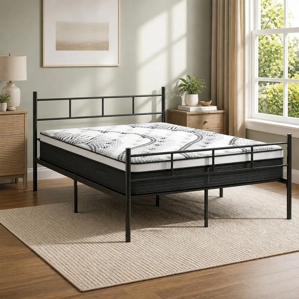 Double Bed Frame with Euro Top Mattress 32cm Thick Storage Underneath Black White