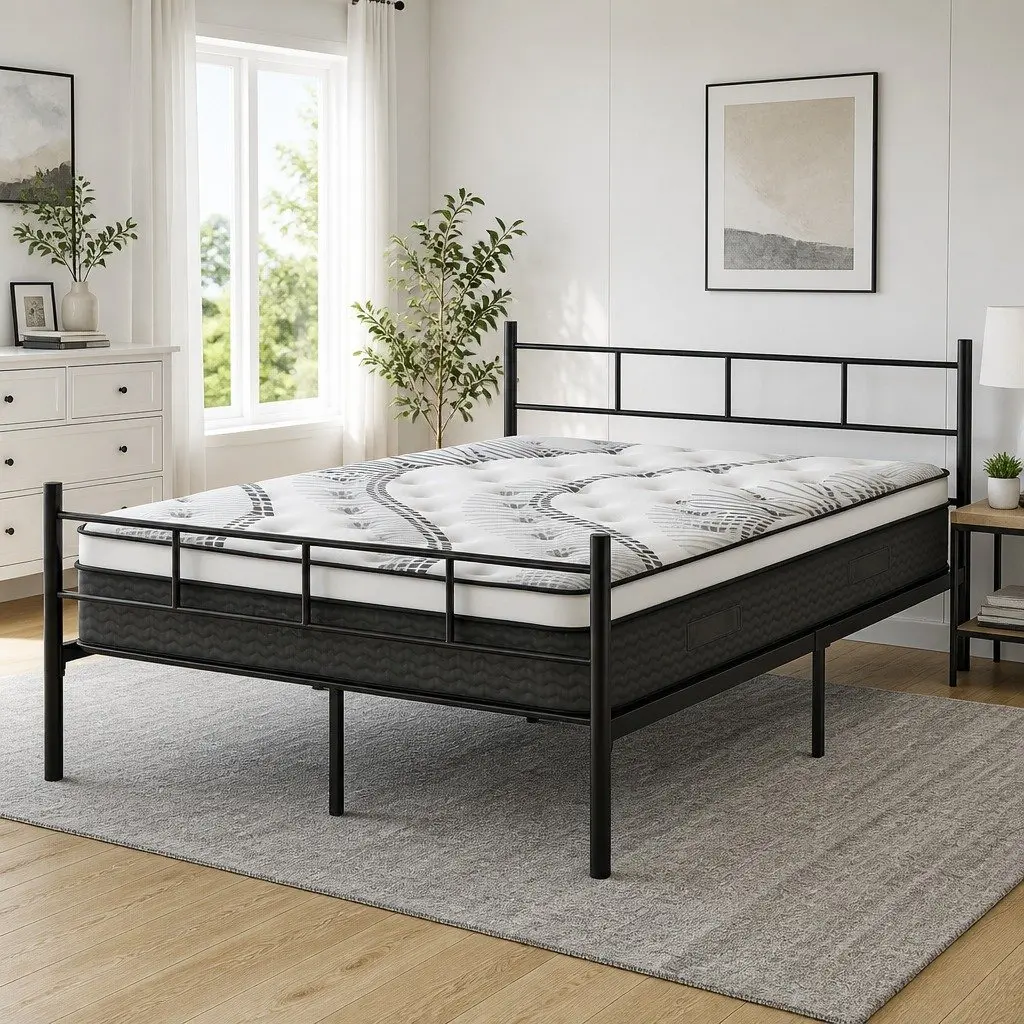 Double Bed Frame with Euro Top Mattress 32cm Thick Storage Underneath Black White
