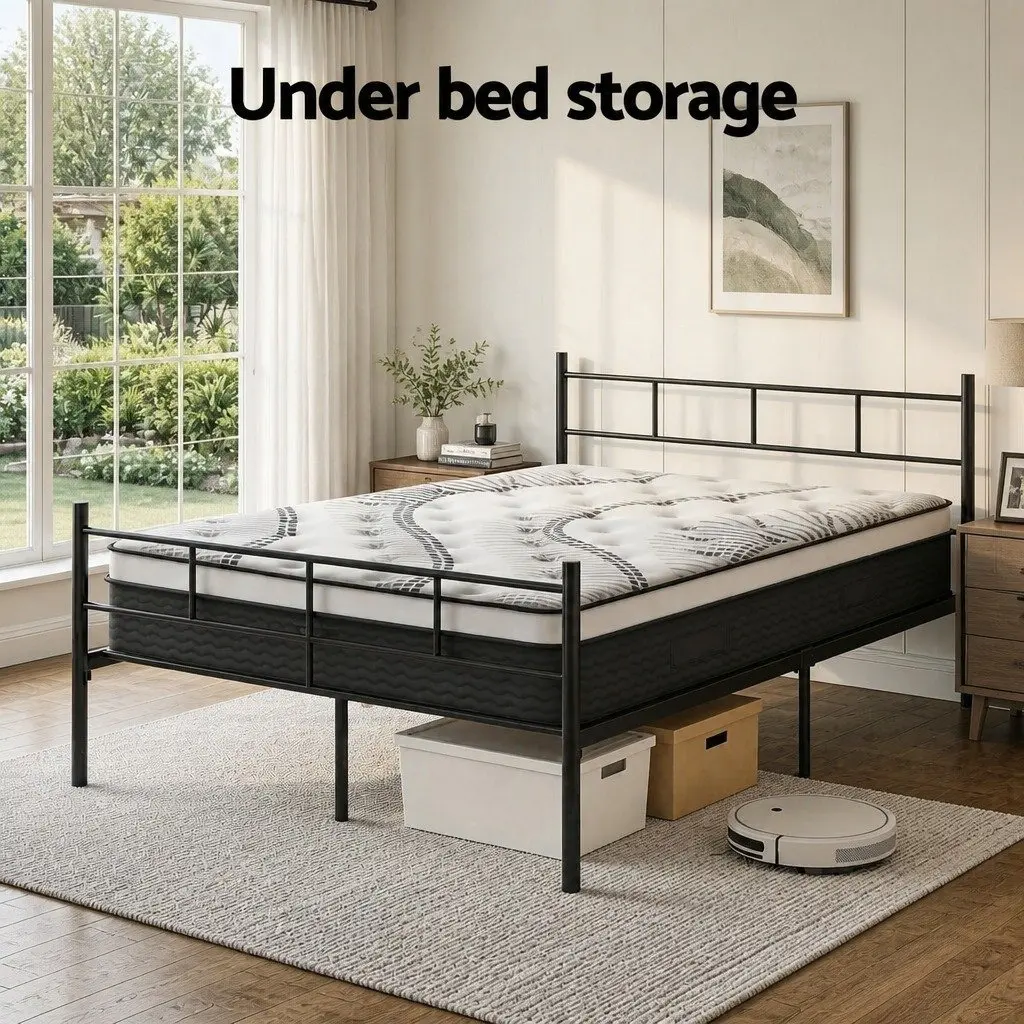 Double Bed Frame with Euro Top Mattress 32cm Thick Storage Underneath Black White