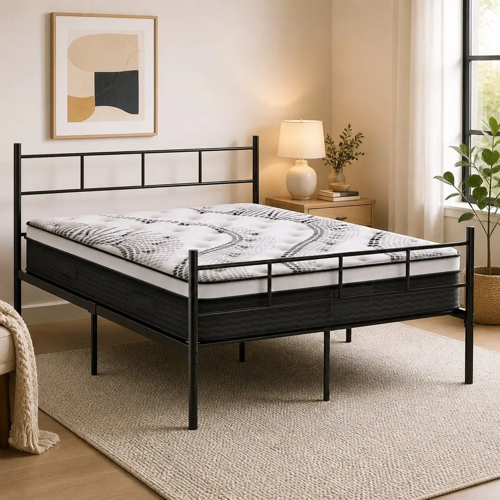 Double Bed Frame with Euro Top Mattress 32cm Thick Storage Underneath Black White