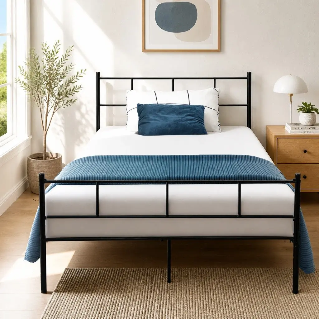 Metal Bed Frame King Single Black Steel Slat Base Bedroom Furniture Storage