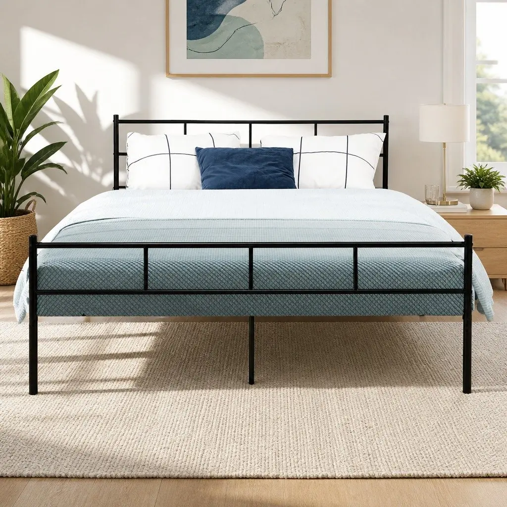 Queen Metal Bed Frame Black Steel Powder-Coated with Underneath Storage Support Slats